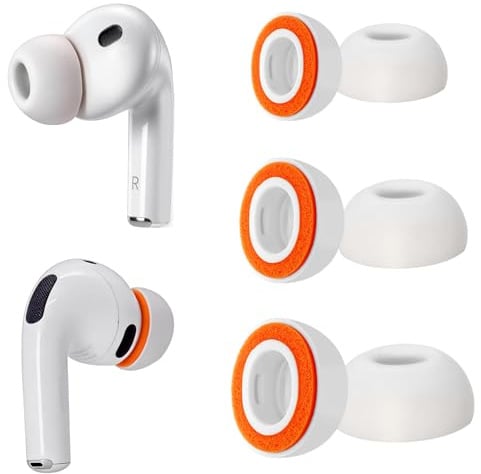 Ersatz-Ohrstöpsel für AirPods Pro 3, weiche Schaumstoff + Silikon-Ohrstöpsel für AirPods Pro der 3. Generation, rutschfestes Design, passend für Ladecase, 3 Paar (S/M/L, Weiß+Orange)