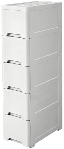 5 Tier Slim Storage Cabinet, Bathroom Storage Unit, Bathroom Drawers Unit | with 5 Drawers and Wheels, Freestanding Ultra Slim Organiser for Living Room, Bedroom