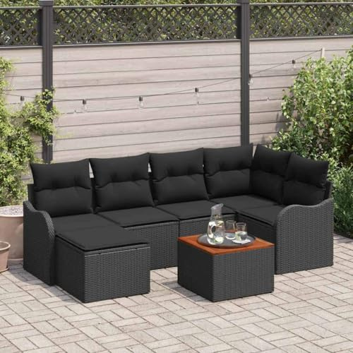 Owoxanthellate Gartenmöbel 7-Sitzer Lounge Set Schwarz Rattan wetterfest modular 6-7 Personen Akazienholz Beine verstellbar Sitzgruppe für Balkon Terrasse und Patio