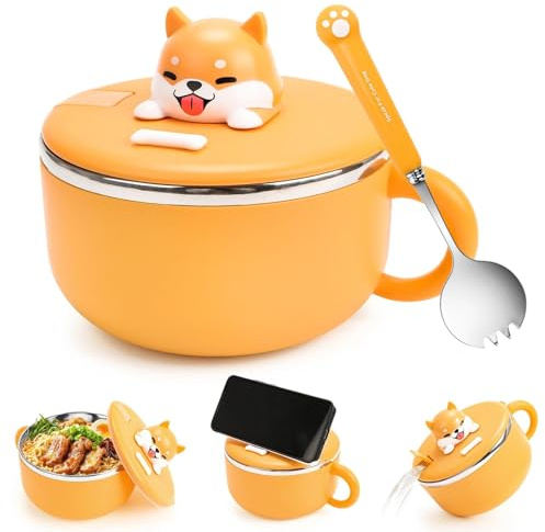 Ramen Schüssel 1200 ml Instant Nudeln Schüssel 304 Edelstahl Instant Noodle Bowl Suppenschüssel mit Deckel und Löffel Ramen Bowl für Suppe, Nudeln, Knödel und Salate