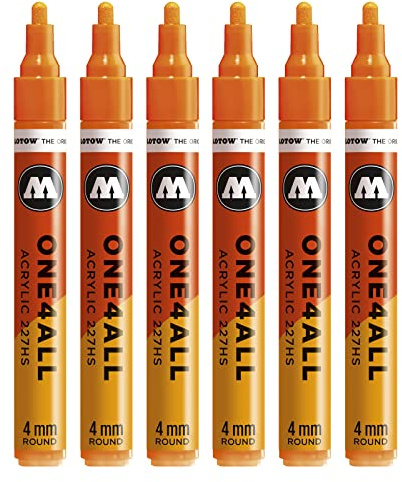 Molotow One4All 227HS Acryl Marker (4,0 mm Strichstärke, hochdeckend und permanent, UV-beständig, für fast alle Untergründe) 6 Stück Farbe 218 neonorange floureszierend