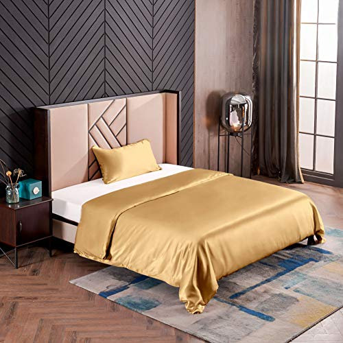 THXSILK Seidenbettwäsche Set 2 teilig, Bettbezug 135 x 200 cm und 40 x 80 cm Kissenbezug, Hypoallergen 19 Momme Maulbeerseide Bettwäsche, Ultra Weich und Glatt, Gold