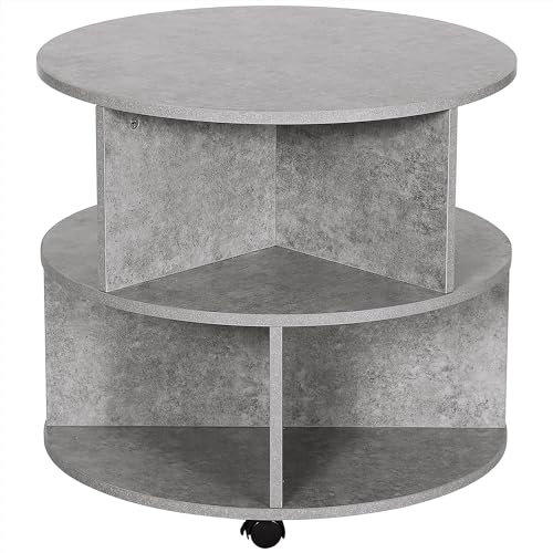 HOMCOM Round Coffee Table, Movable Centre Table with Divided Shelves and Rolling Wheels, 3 Tier Living Room Table, Cement Colour