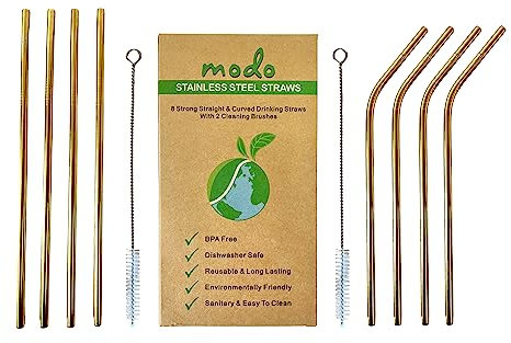 Modo Stainless Steel Straw, Eco Friendly Reusable Metal Drinking Straws with 2 Cleaning Brushes (8 Pack - 4 Straight - 4 Curved) (Gold)