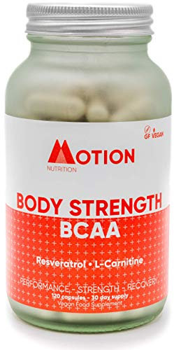 Motion Nutrition Body Strength BCAA – High Performance BCAA Capsules with Resveratrol and L-Carnitine – Strength and Recovery - Vegan/Anti-Oxidant Rich (120 Capsules)
