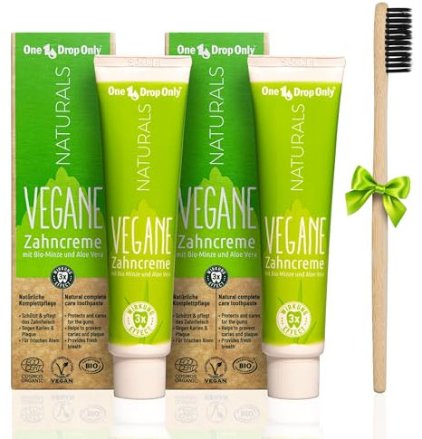 One Drop Only NATURALS - Doppelpack vegane Zahnpasta ohne Titandioxid (je 75ml) mit Bio-Minze, Bio-Aloe Vera & Stevia Bio-Extrakt + GRATIS Bambus Zahnbürste/Vegane Zahncreme mit Fluorid