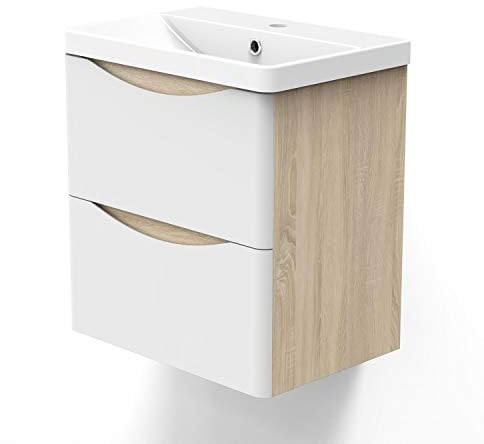AICA sanitaire Meuble sous Vasque De Salle De Bain Suspendu Blanc et Bois Clair avec Lavabo Espace De Rangement 50cm