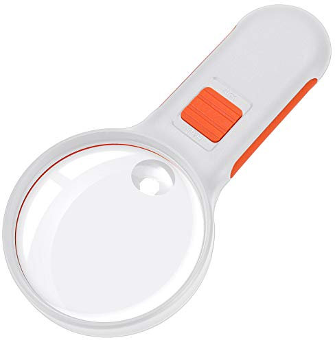 Lupe mit Licht, 10 x 5 x Handlupe mit 4 LEDs, beleuchtete Lupe für Makuladegeneration, Senioren, Hobbys, Lesen, Handwerk, Schmucklupe, Erkundung (Orange)
