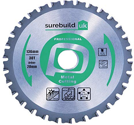 Surebuild UK 136mm x 20mm Bore, 30 Tooth TCT Metal Stainless Steel & Plastics Cutting Cordless Circular Saw Blade, SBB1363020