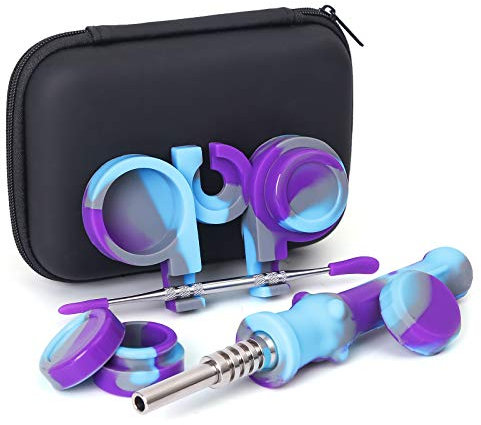 SUNNEKO Silikon-Honigbienen-Dampf-Strohhalm-Set, Tupf-Strohhalm, Öl-Rigs-Schalen, Sammler, Titanspitze, 16,5 cm, Wachsschnitz-Reisewerkzeug-Set Mit Reiseetui (Blau)