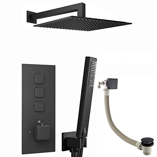 ENKI, Milan, SH0594, Square Thermostatic Concealed Shower Set with Bath Filler, Wall Overhead Shower, Handset Kit, Black
