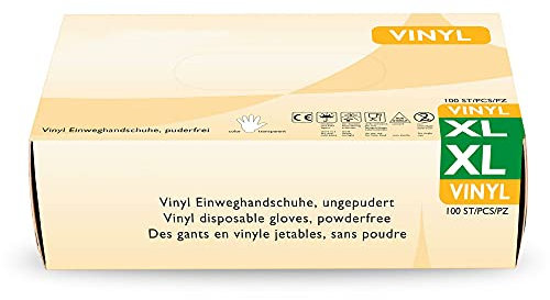Vinylhandschuhe 100 Stück in XL I Latexfreie Einmalhandschuhe aus Vinyl I Geeignet für Tattoo-Studio, Lebensmittelbereich & als Untersuchungshandschuhe I Transparente Einweghandschuhe