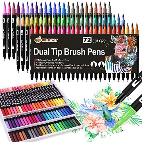 wonsar Dual Brush Pen Set, 72 Farben Filzstifte Dicke und Dünne für Kinder Pinselstifte Marker für Bullet Journal Zubehör Stifte, Handlettering, Mandala, Malbücher, Pinselspitzen und Fineliner