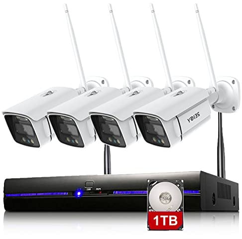 3MP Kit Camara de Seguridad WiFi Exterior con Spotlight, REIGY Sistema Vigilancia IP Interior 4X 1296P Camara y 8CH NVR, Visión Nocturna Colorida, Detección Movimiento Preinstalado 1HDD