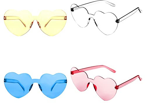 KINBOM 4 Stück Herz Brillen Set, Transparente Bonbonfarbe Rahmenlose Sonnenbrille Herz Sonnenbrille für Frauen Mädchen bei der Pool Geburtstagsfeier (Weiß, Gelb, Blau, Rosa)