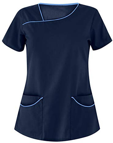STPT Kasack Damen Einfarbig T-Shirts Pflege große größen Schlupfkasack mit Taschen Kurzarm Unregelmäßiger V-Ausschnitt Schlupfhemd mit Kragen Berufskleidung Krankenpfleger Uniformen, Navy-b, L