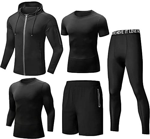 Tancefair 5Pcs Men's Fitness Workout Clothing Running Compression Pants Short/Long Sleeve Shirt Top Jacket Set Suit