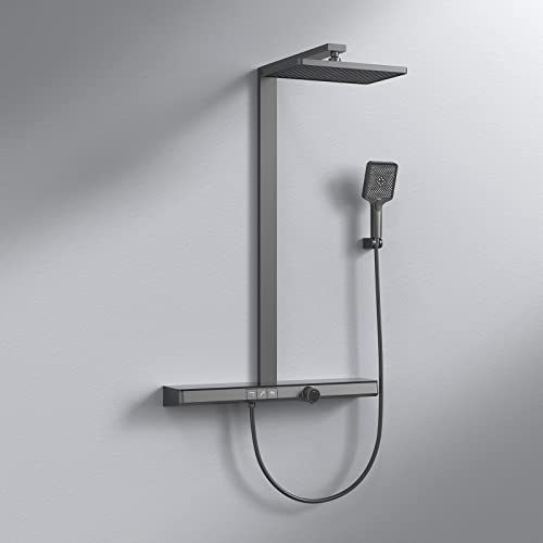 EMKE Colonne de Douche Ensemble de douche avec Theramostat 38°C douche de pluie avec mitigeur, bec cascade, douchette à main 3 mode, avec tablette extra large, KTW approuvé, Noir Mat