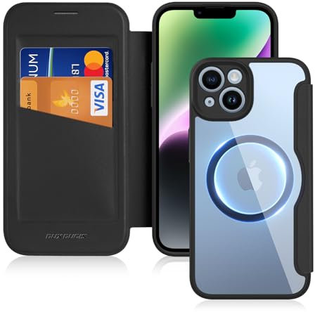 DUX DUCIS Hülle für iPhone 13/14 Handyhülle Kompatibel mit MagSafe, Transparente Anti-Kratzer Leder Flip Klapphülle mit RFID-Sperre Schutzhülle Case für iPhone 13/14 (6,1 Zoll, Schwarz)