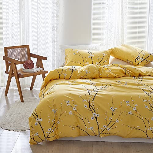 Nyescasa Bettwäsche 135x200 2 Teilig Gelb Blumen Botanisch Muster Bettwäsche-Set Blume Zweig Design Wendebettwäsche Weiche Mikrofaser Bettbezug mit Reißverschluss und Kissenbezug 80x80cm