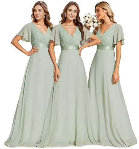 Ever-Pretty Women's Double V-Neck Short Flutter Sleeves Empire Waist Elegant Chiffon Long Wedding Guest Dresses Mint Green 16UK