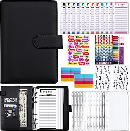 Meekye Budget Planner A6 Binder Deutsch oder Englisch, Geld Organizer Budget Planer mit 12 Binder Taschen, 12 Budgetblätter Deutsch, Geldumschläge für Reisen Tagebuch und Geschenk Schwarz