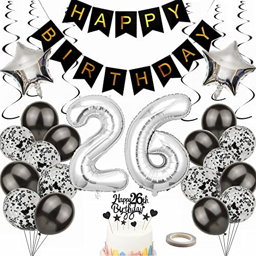 Yunchu Online Luftballon 26. Geburtstag Dekoration 26 Jahr Männer Frauen Black and Silber Party Deko 26. Geburtstag Männer Party Deko 26 Geburtstag Männer Deko Geschenk 26 jahre Geburtstag deko Ballon