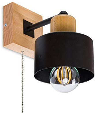 alfalux Wandleuchte Innen Wandlampe Mit Schnur-Zugschalter LED Lampe Aus Holz Für Wohnzimmer Schlafzimmer Kinderzimmer Treppenhaus Wandlampen Wandleuchten SHWAND-SC10x10BU Schwarz