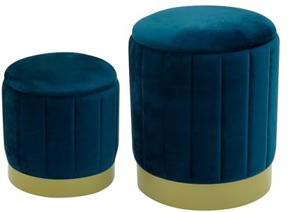 Rebecca Mobili Set 2 Fußhocker Sitzhocker, Runder Aufbewahrungs-Pouf, Blau, Samt MDF Schwamm, Mit Eisenfuß - Maße HxBxT: 44 x 35 x 35 cm - Art. RE6835