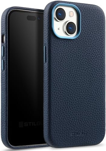 StilGut Cover kompatibel mit iPhone 15 Hülle aus Leder - iPhone 15 Case aus Leder Kompatibel mit MagSafe mit Tasten & Kameraeinfassung aus Metall, Ledercase - Blau, APIP15SCSTDB