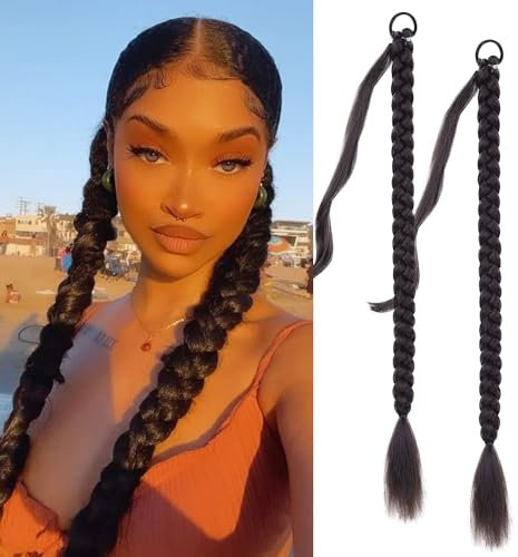 Fulang Hair 2PCS Braid Ponytail Extension, Zopf mit Haargummi, Haarteil zum Einflechten Lang Ponytail, Kunsthaar für Frauen, Geflochtener Haarteil (Naturbraun)