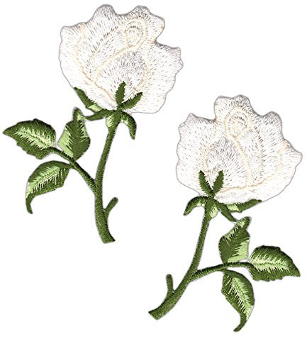 Rose Weiß 2 Stück Aufnäher zum aufbügeln oder aufnähen Bügelbild Aufbügler für Kleidung gestickter Bügelflicken Blumen Applikation Patch Größe einer Rose 4,5 x 7,2 cm