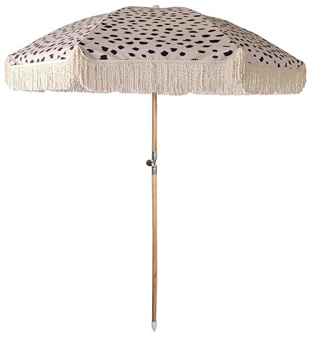 Ombrellone 200 cm, 8 stecche in fibra di vetro 8.0 mm. Palo in legno di faccio con tilt inclinabile. Materiale Canvas, waterproof, protezione UV50+, con frangia in cotone da 15 cm. Fantasie pois.