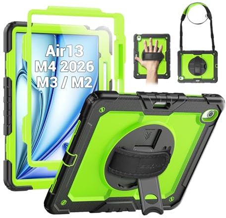 SEYMAC Schutzhülle für iPad Air 13 Zoll M3 2025 / M2 2024, strapazierfähig, stoßfest, mit Displayschutzfolie, 360° drehbarem Ständer, Hand-/Schultergurt und Stifthalter für iPad Air 13, Grün
