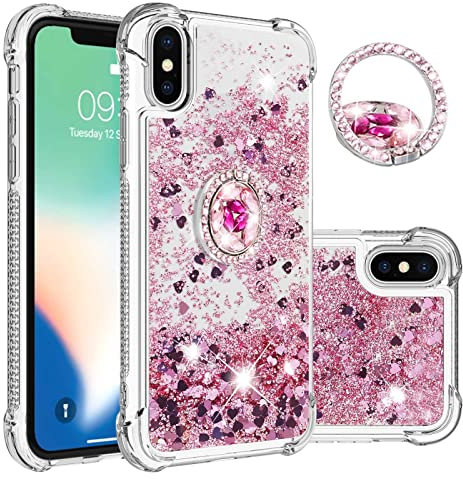 IMEIKONST Compatible with iPhone X Case with Diamond Ring Kickstand, Moving Liquid Glitter Quicksand Transparent Sequin Shockproof Protective Cover for iPhone XS/X. Love Rose YBZ