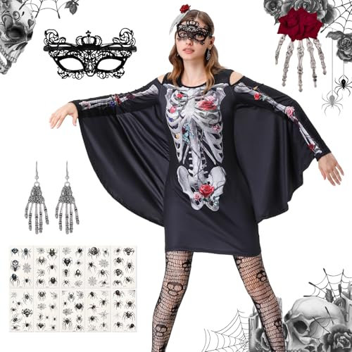 IEEILULU Robe Squelette Femme, Déguisement Chauve Souris Femme avec Motif Squelette, Costume Squelette Femme, Deguisement Halloween Squelette Femme Grande Taille L-XXL avec Bandeau, Masque, Bas (L)