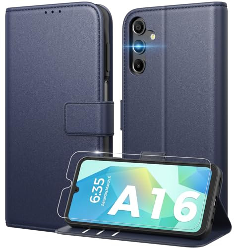 Peakally Handyhülle für Samsung Galaxy A16 5G Hülle [Mit 1 Stück Panzer Schutz Glas] [Premium PU Leder] [RFID-Blockierung] [Kartenfach] Klapphülle kompatibel mit Galaxy A16 5G / A16 4G - Blau