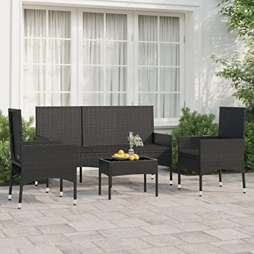 WEMYUFURN 4-TLG. Garten-Lounge-Set mit Kissen Schwarz Poly Rattan, Outdoor-Sitzgruppe, Terrassen-Lounge-Set, Garten-Couchgarnitur - Wetterbeständig, Komfortabel - für Terrasse, Garten und Balkon