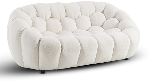 2 Seater White Boucle Sofa – Modern Round White Bubble Sofa for Living Room, Loveseat in Fluffy Sherpa/Teddy Fabric with Geometric Tufting