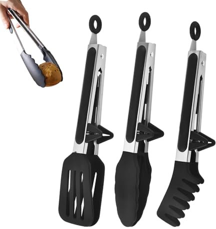AMSGANK Pince Cuisine Inox, Lot de 3 Pince de Cuisine avec Embouts en Silicone Pince Alimentaire Résistantes à la Chaleur pour Salade, Barbecue, Cuisine (Noir, 2 Pièces 26,5 cm et 27,5 cm)