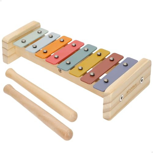 WOOMAX 33057 Xylophon aus Holz, Musikinstrumente für Kinder, 8 Metallblätter, inklusive 2 Drumsticks, weiche Farben, FSC-Zertifiziert, sensorisches Spiel, Lernspielzeug, ab 12 Monaten