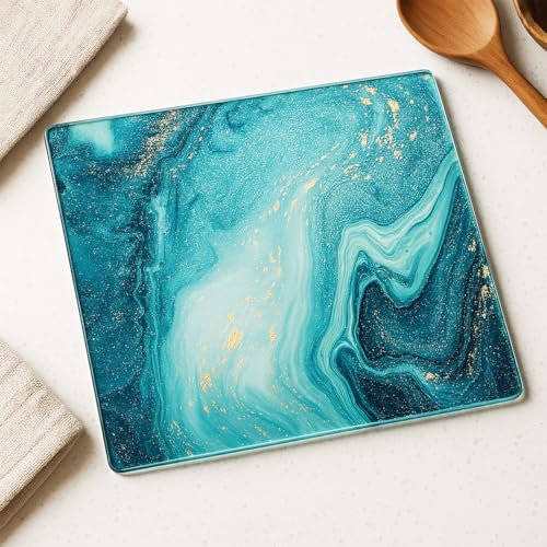 Tabla de cortar de vidrio templado para cocina, rectangular con patas de goma, resistente al calor, antideslizante, 30 cm x 40 cm, (patrón turquesa detallado dorado)