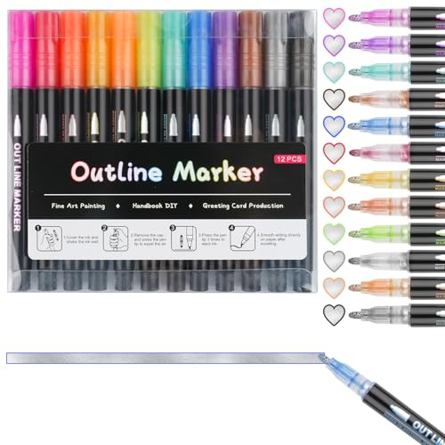 Deepton 12 Farben Outline Stifte, Double Line Glitzerstifte Set | Glitzerstifte Kinder ab 4, Kinder Outline Marker für DIY Basteln, Geburtstagsgeschenke, Ostergeschenke