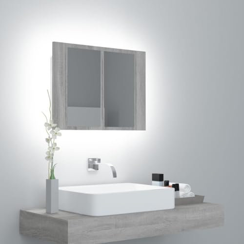 Myheimly LED Spiegelschrank, Badezimmerspiegel mit Beleuchtung Lichtfarbe Einstellbar, Badschrank mit viel Stauraum,Holzwerkstoff Spiegelschrank Grau Sonoma