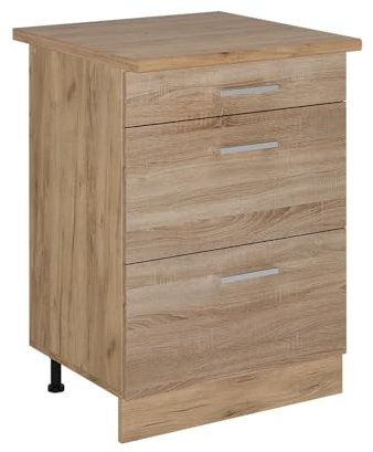 Vicco Küchenunterschrank R-Line, Sonoma, 60 cm mit Schubladen, AP Eiche