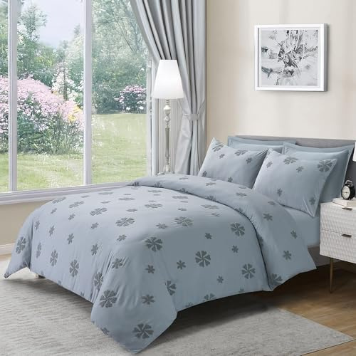 LYMA Bedding Duvet Cover Set King Flower Tufted, OEKO-TEX Certified, Ultra Soft NanoPlush Double Brushed Quick Dry & Button Closure, Wrinkle Fade Resistant Quilt Cover with Pillowcases (Light Grey)
