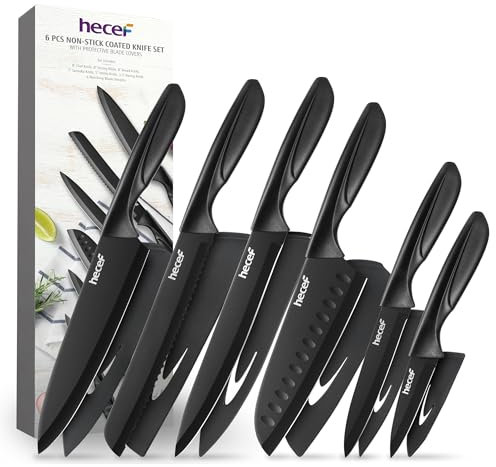 hecef 6 Pieces Sharp Kitchen Knives Designed with Non-Stick Coated Blade & Lightweight Ergonomic Handle for Effortless Performance