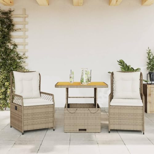 IKAYAA Rattan Essgruppe für 2 Personen,Gartenmöbel Essgruppe mit Tisch 80 cm Tischlänge und 2 Verstellbare Hochlehner Stühlen, Garten Sitzgruppe inkl. Sitzkissen Beige und Creme