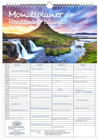 Reisezauber Island Planer Familienplaner 4 Spaltenplaner DIN A3 Kalender für 2026 Reykjavík Stadt Reise Land Urlaub- Seelenzauber