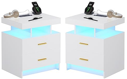 Gurexl Smart Nachttisch 2er Set,Beistelltisch mit Ladefunktion und LED,schubladenschrank mit 24-farbigen RGB-Lichtern,kommode mit Glasplatte,Nachtkommode mit 1 offene Fächer, für Schlafzimmer，weiß